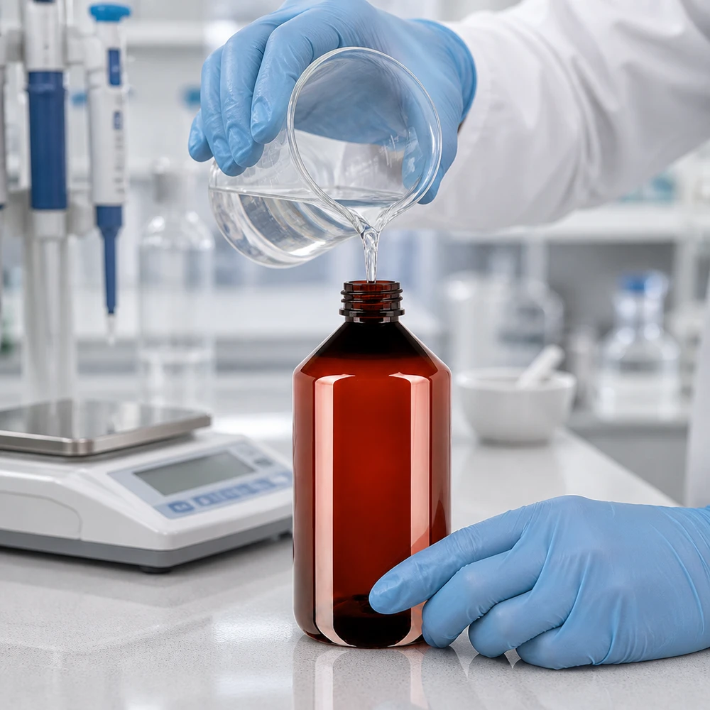 PET láhev 750ml se zeleným uzávěrem prokazatelným proti manipulaci. Laborant v modrých rukavicích plní hnědou PET láhev o objemu 750 ml čirou kapalinou