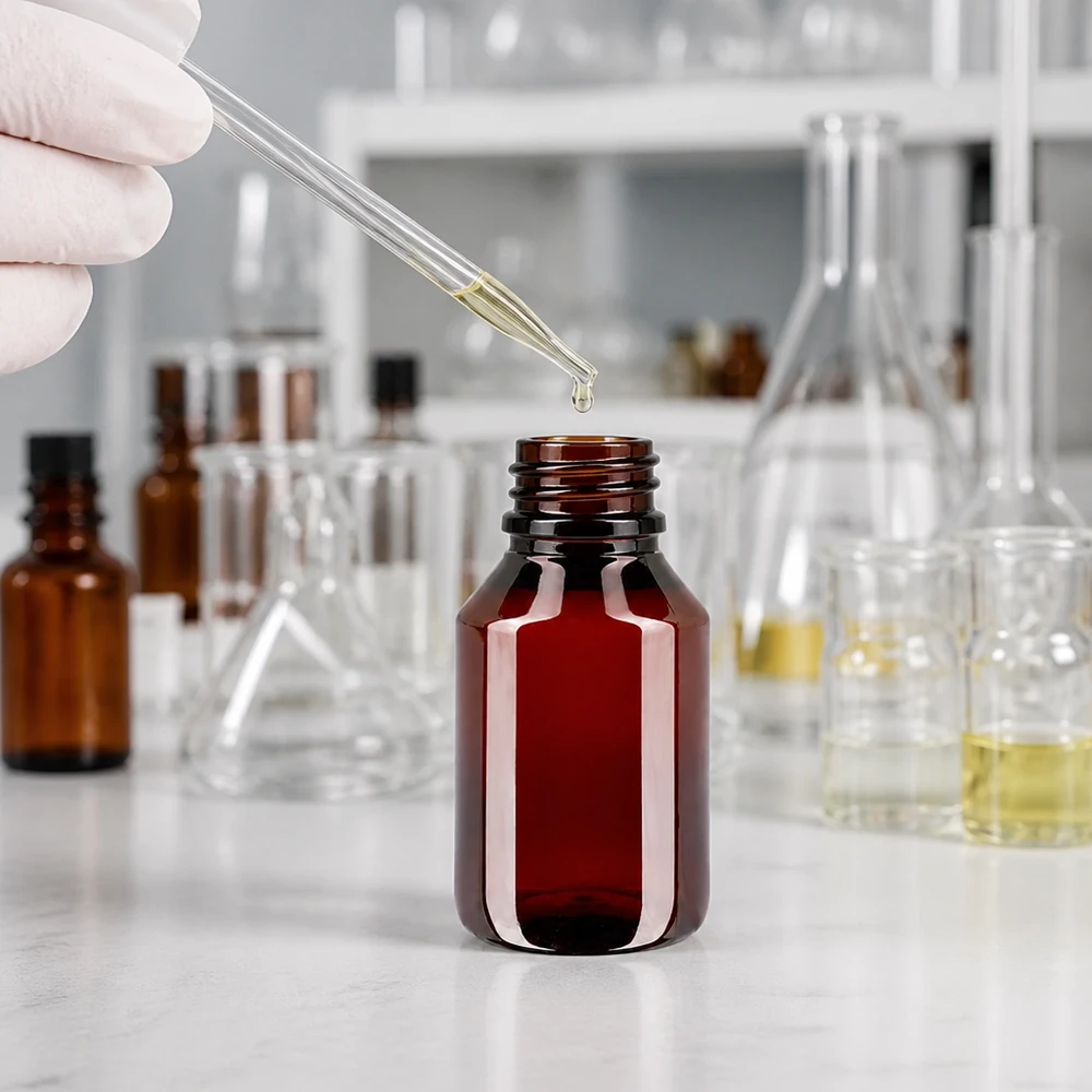 PET láhev 50ml s bílým/červeným uzávěrem s možností manipulace. Hnědá PET láhev o objemu 50 ml s bílým uzávěrem a červeným bezpečnostním kroužkem v laboratorním prostředí