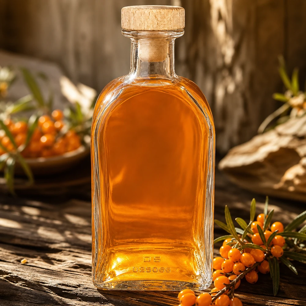 500ml Glasflasche Julia mit Holzkorken gefüllt mit bernsteinfarbener Flüssigkeit auf Holztisch mit Sanddornbeeren