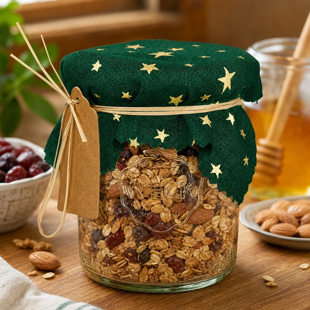 Látkový ubrousek na šperky zelený "hvězdy" 12cm čtvercový Grünes Sterne-Schmuckdeckchen 12cm eckig auf Müsli-Glas mit Nüssen, dekorative Küchenaufbewahrung mit Naturbast