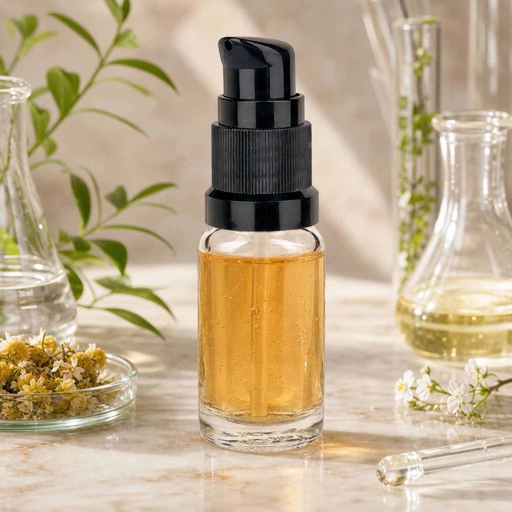 10ml lahvička s pumpičkou černá standardní uzávěr ClearLine UT18/10 Kompakte Serumflasche aus Klarglas mit schwarzer Pumpe auf Marmor mit Glaslaborgefäßen