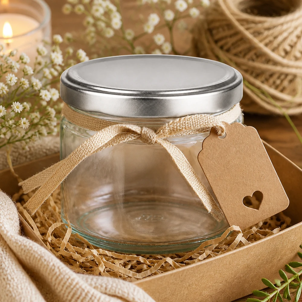 330ml Rundglas mit silbernem BasicSeal Deckel als Geschenk dekoriert mit Schleife und Anhänger in Geschenkbox
