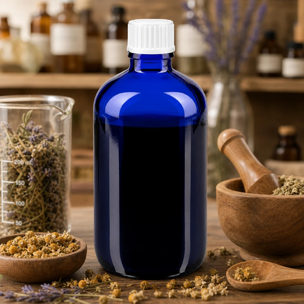 Blaue Pharmaflasche 100ml aus Apothekerglas mit weißem Verschluss und Kamillenblüten