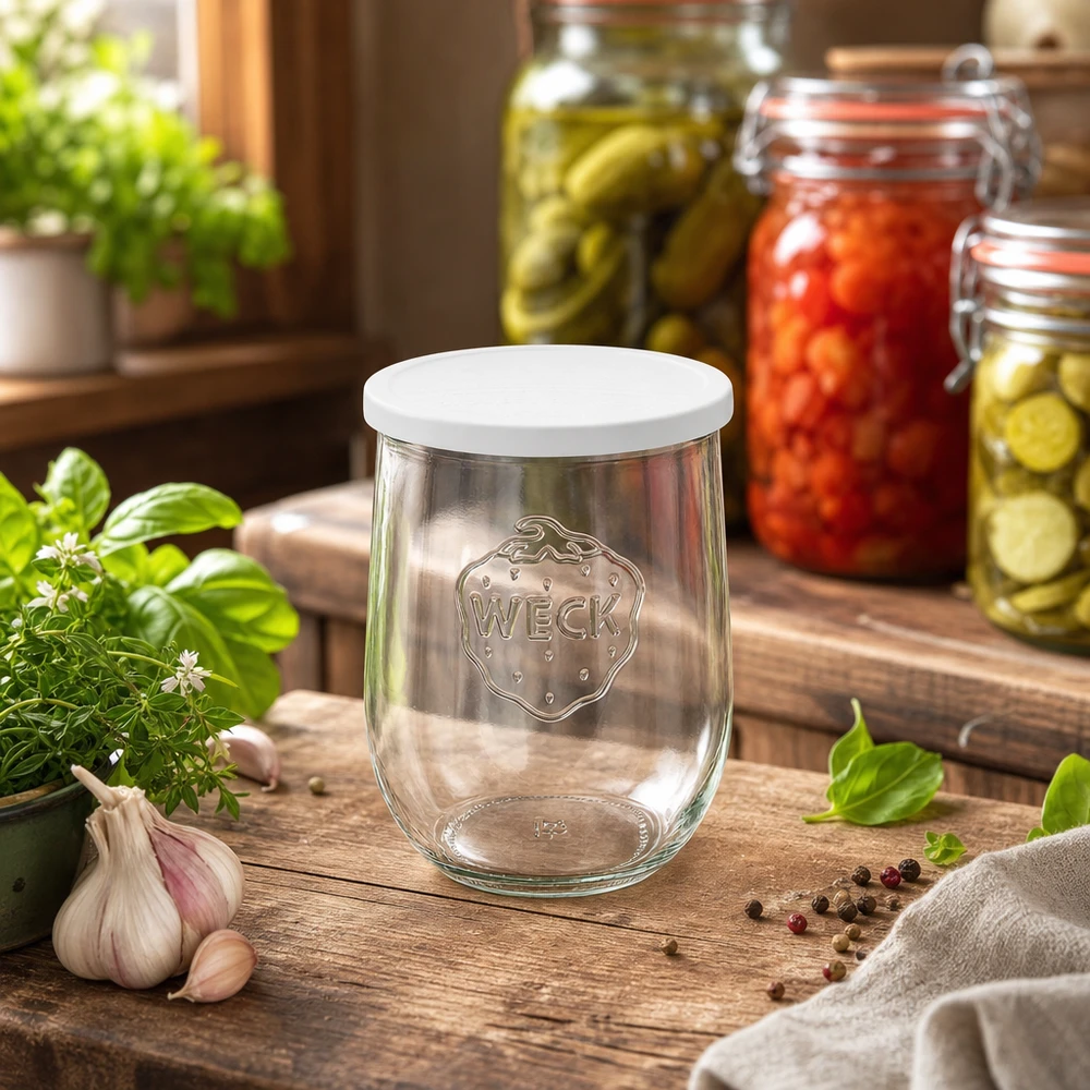 1062ml tulipánová sklenice se skleněným víčkem WECK RR100 pro zachování čerstvosti. WECK Tulpenglas 1062ml in Küche mit eingelegtem Gemüse und frischen Kräutern dekorativ arrangiert