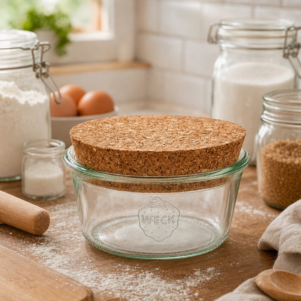 WECK Sturzglas 290ml RR100 mit Korkdeckel in Küche zwischen Mehl Eiern und Vorratsgläsern als Backzubehör