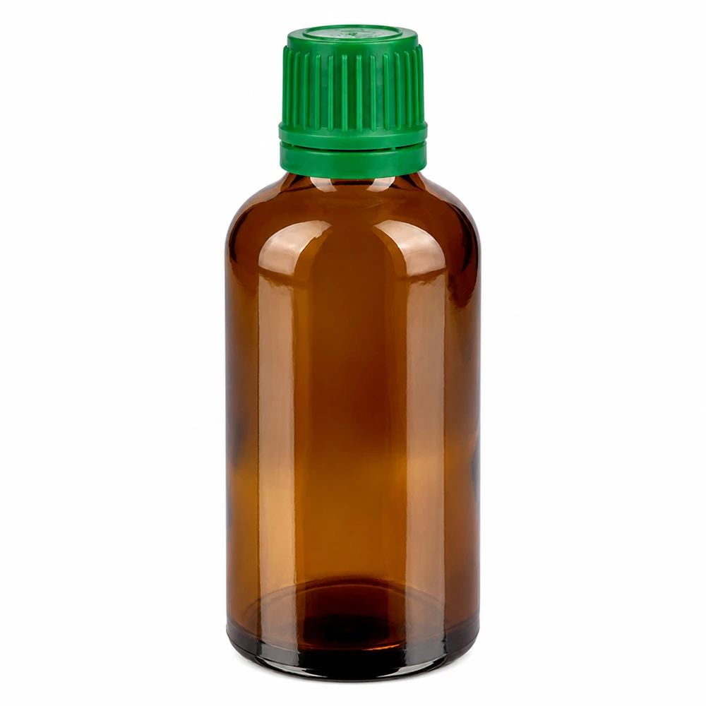 50ml láhev 11mm šroubovací uzávěr zelený tamper evidentní uzávěr BrownLine UT18/50 Hochwertige 50ml Glasflasche in Braun mit sicherem grünen Verschlusssystem