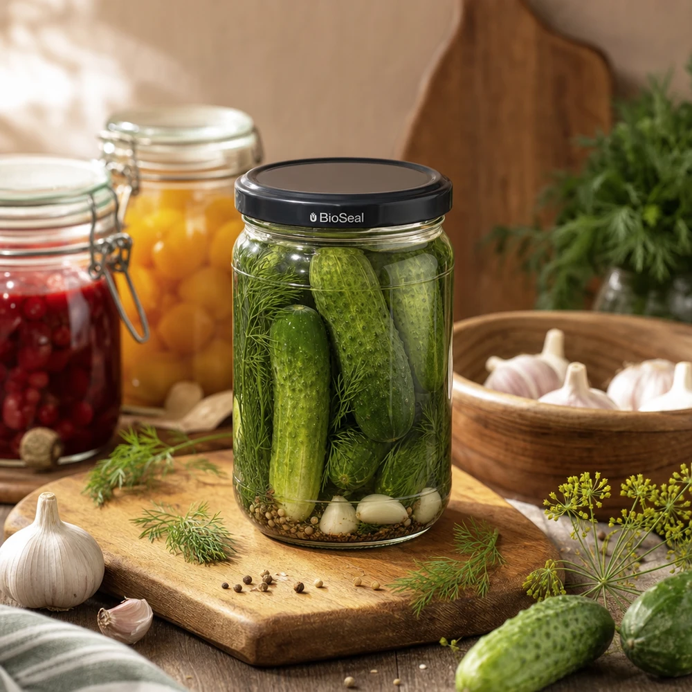 Kulatá nádoba o objemu 305 ml + víčko BioSeal černé UNiTWIST. UNiTWIST Runda305 Einmachglas mit eingelegten Gurken und schwarzem BioSeal Deckel inmitten frischer Kräuter und Knoblauc