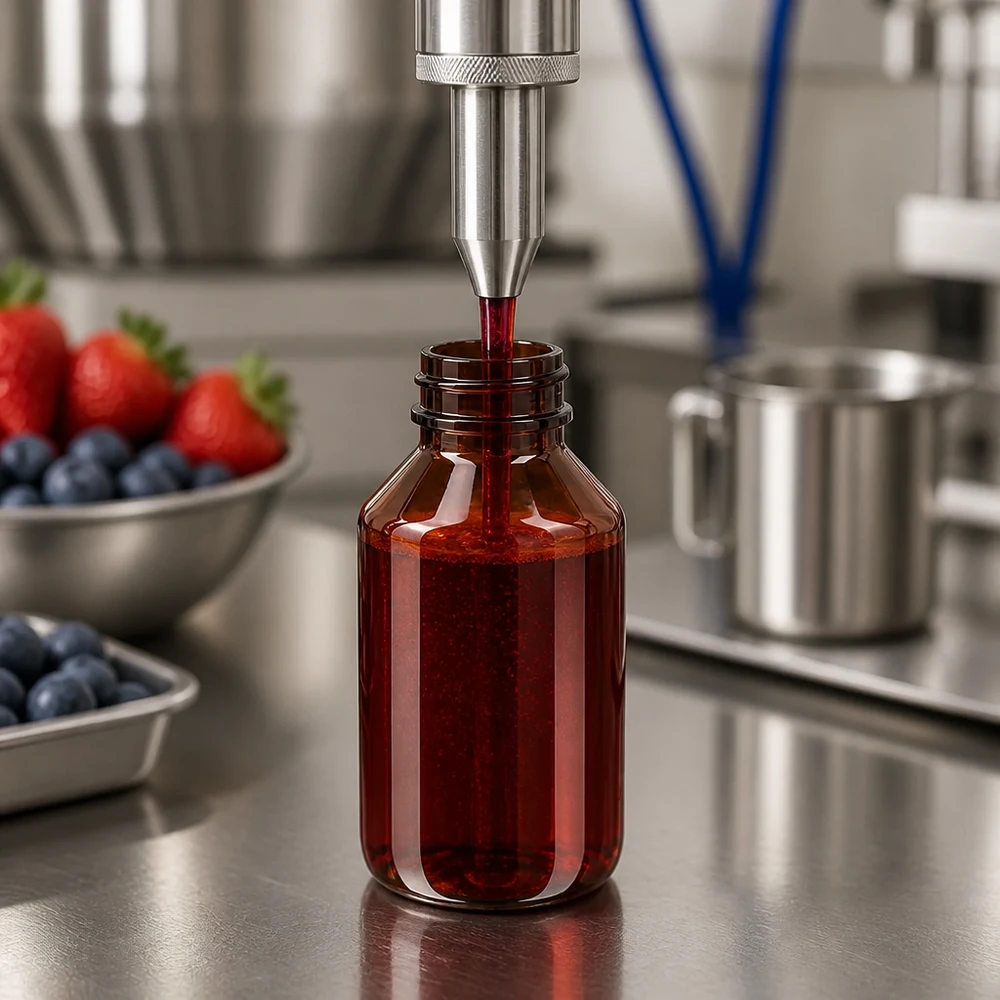 Plnění jantarově zbarvené 50ml PET láhve extraktem z červeného ovoce pomocí plnicí linky