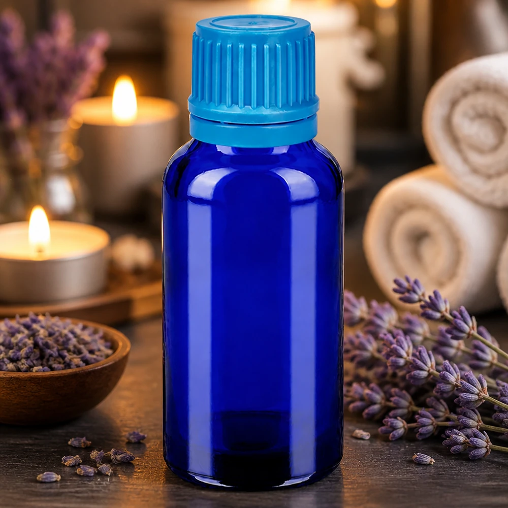 30ml láhev 11mm šroubovací uzávěr modrý s pojistkou proti manipulaci BlueLine UT18/30 Dickwandige Glasflasche 30ml mit robustem Material für langfristige Lagerung empfindlicher Substanzen