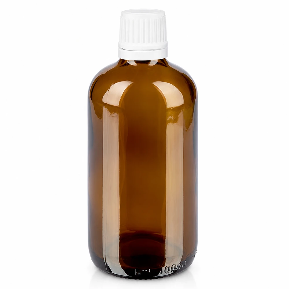 Lékárenská láhev hnědá 100ml šroubovací uzávěr bílý nedotknutelný uzávěr. Pharmazeutische Braunglasflasche 100ml mit Sicherheitsverschluss weiß