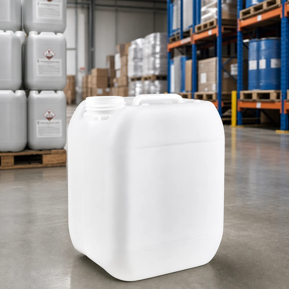 Robuster 5 Liter Leerkanister ohne Verschluss mit breiter Öffnung im Chemikalienlager