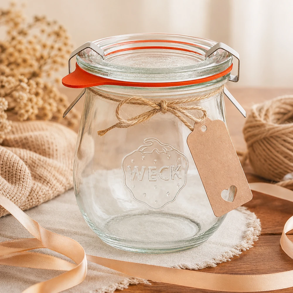 220ml tulipánová sklenice s kompletní svěžestí WECK RR60 WECK Tulpenglas 220ml RR60 mit Geschenkanhänger und Jute-Schleife dekorativ arrangiert auf Leinenserviette