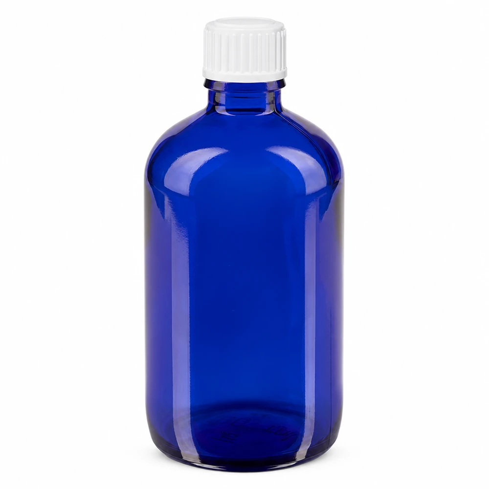 Lékárenská láhev modrá 100ml kapátko bílé 0,8mm standardní uzávěr Lichtschutzflasche 100ml blau mit weißem Tropfverschluss ideal für Öle und Tinkturen