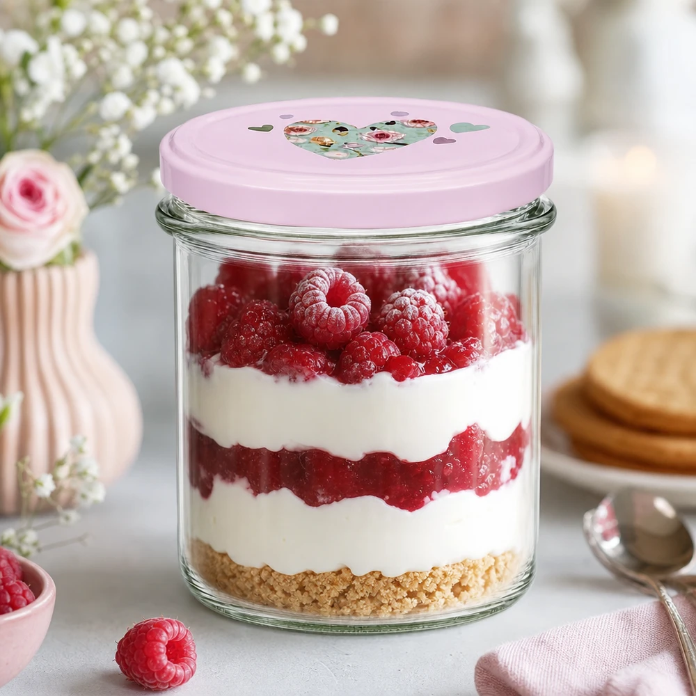 350ml kelímky + víčko BasicSeal srdíčková růžová UNiTWIST 350ml Sturzglas rosa Herzdeckel Dessert Tiramisu Himbeer-Schichtdessert Küche Vorratsglas süße Nachspeise servieren