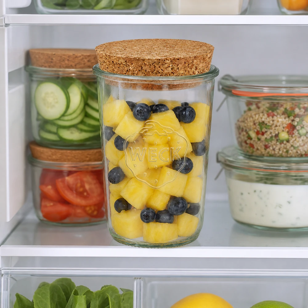 850ml zavařovací sklenice WECK RR100 s korkem natural WECK Sturzglas 850ml RR100 mit Korken im Kühlschrank gefüllt mit Ananas und Blaubeeren neben anderen Vorratsgläsern