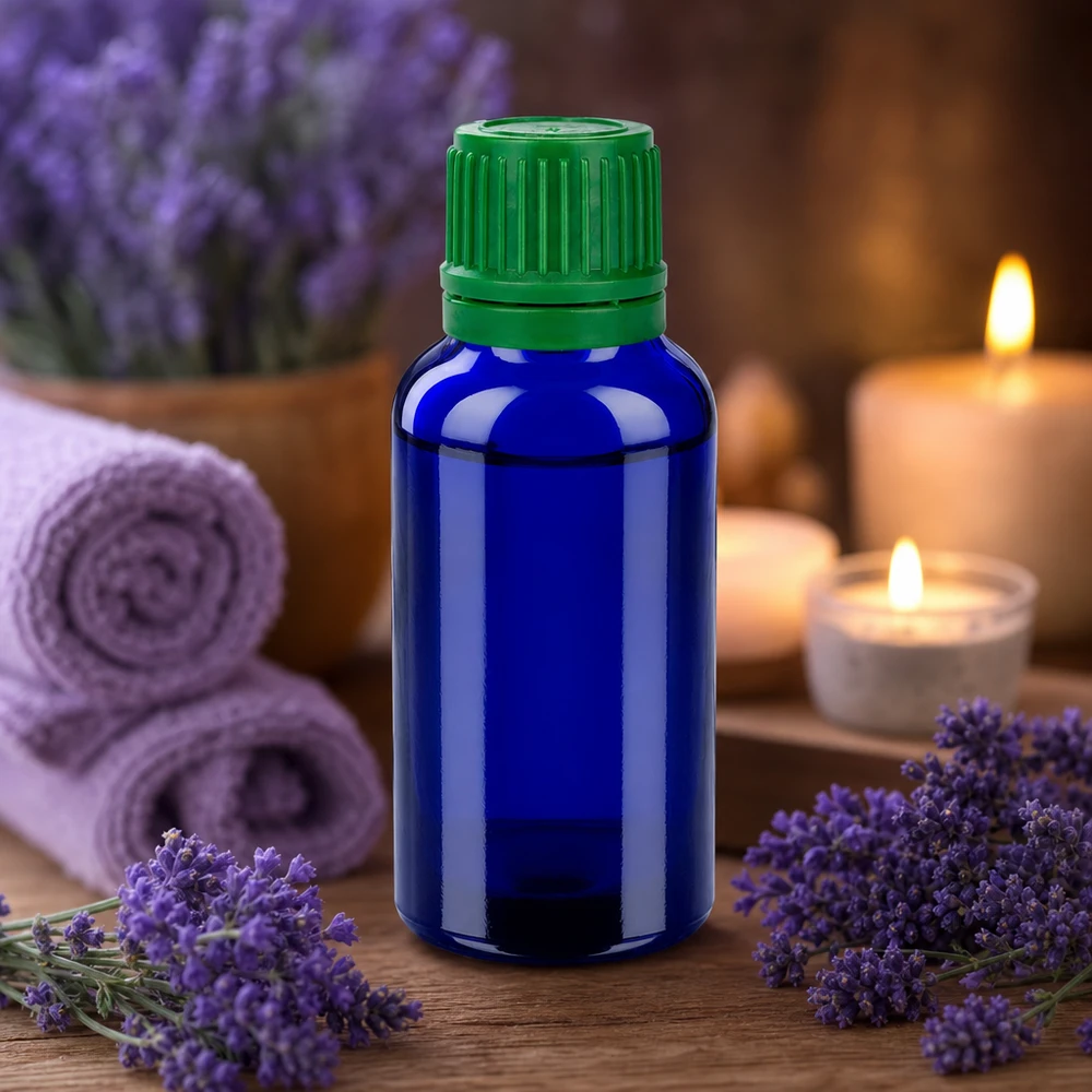 Kleine 30ml Flasche aus blauem Glas mit grünem Deckel für mobile Anwendungen