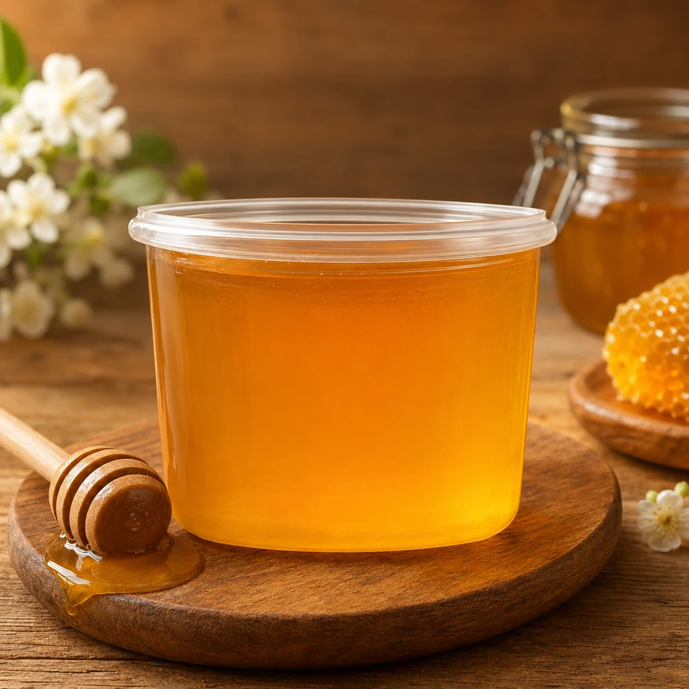 35ml kelímky WECK RR40 WECK Sturzglas 35ml RR40 mit Honig gefüllt auf Holzbrett mit Honiglöffel und Bienenwabe