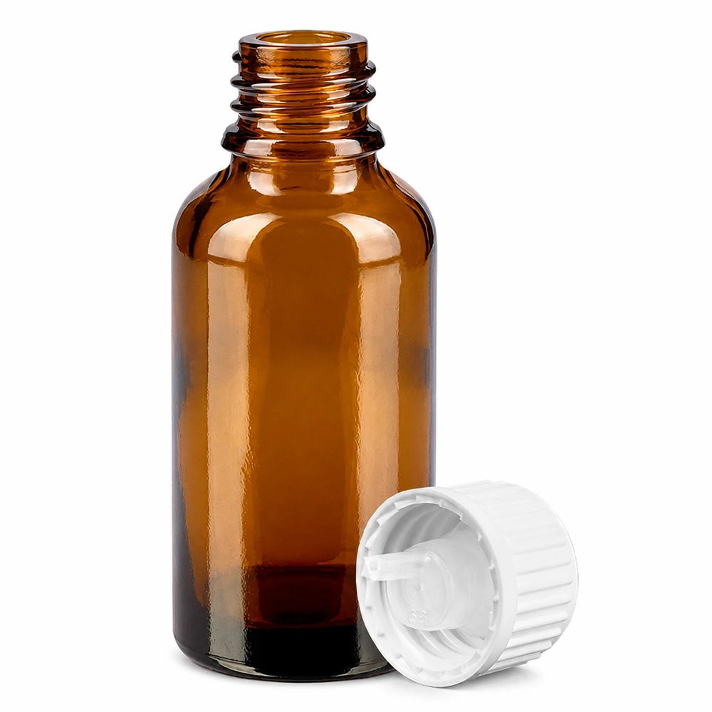 Lichtgeschützte 30ml Tropferflasche aus Braunglas mit weißem Schraubverschluss