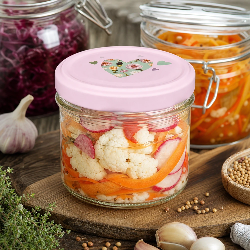 225ml kelímky + víčko BasicSeal srdíčko růžové UNiTWIST 225ml Sturzglas mit rosa Herzdeckel für eingelegtes Gemüse und Fermentation neben Gewürzen und Kräutern