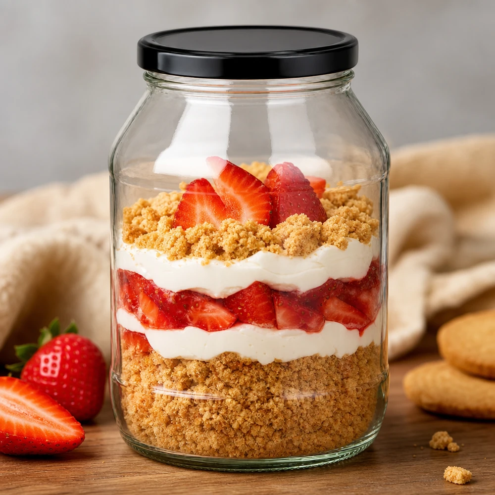 2650ml kulatá sklenice s víčkem BasicSeal černá UNiTWIST 2650ml Rundglas mit schwarzem Deckel als Dessertglas für Erdbeer-Sahne-Schichtdessert mit Kekskrümeln stylisch präsentie