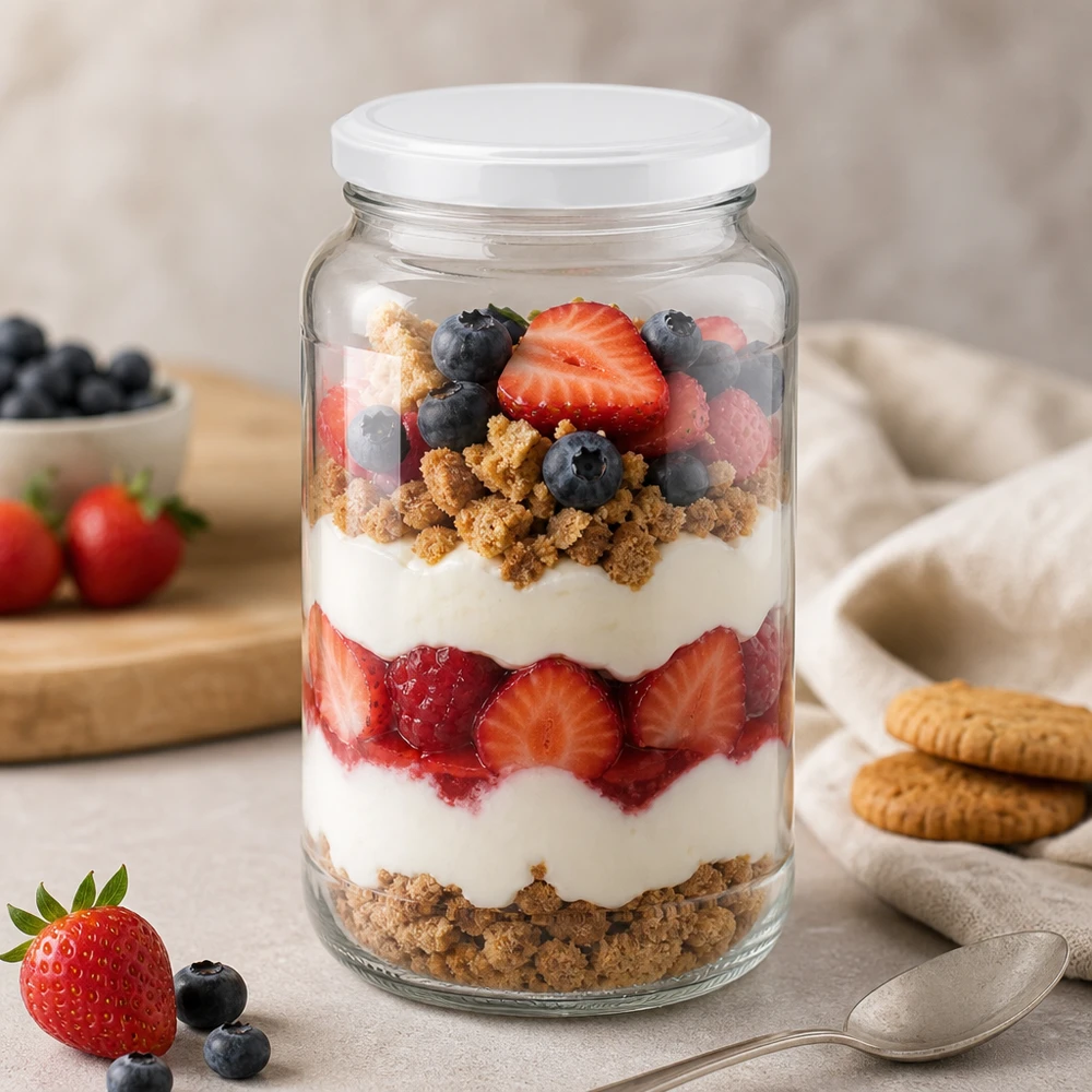 1700ml Rundglas mit BasicSeal Deckel als Dessertglas für Beeren-Trifle mit Joghurt und Kekskrümeln gefüllt