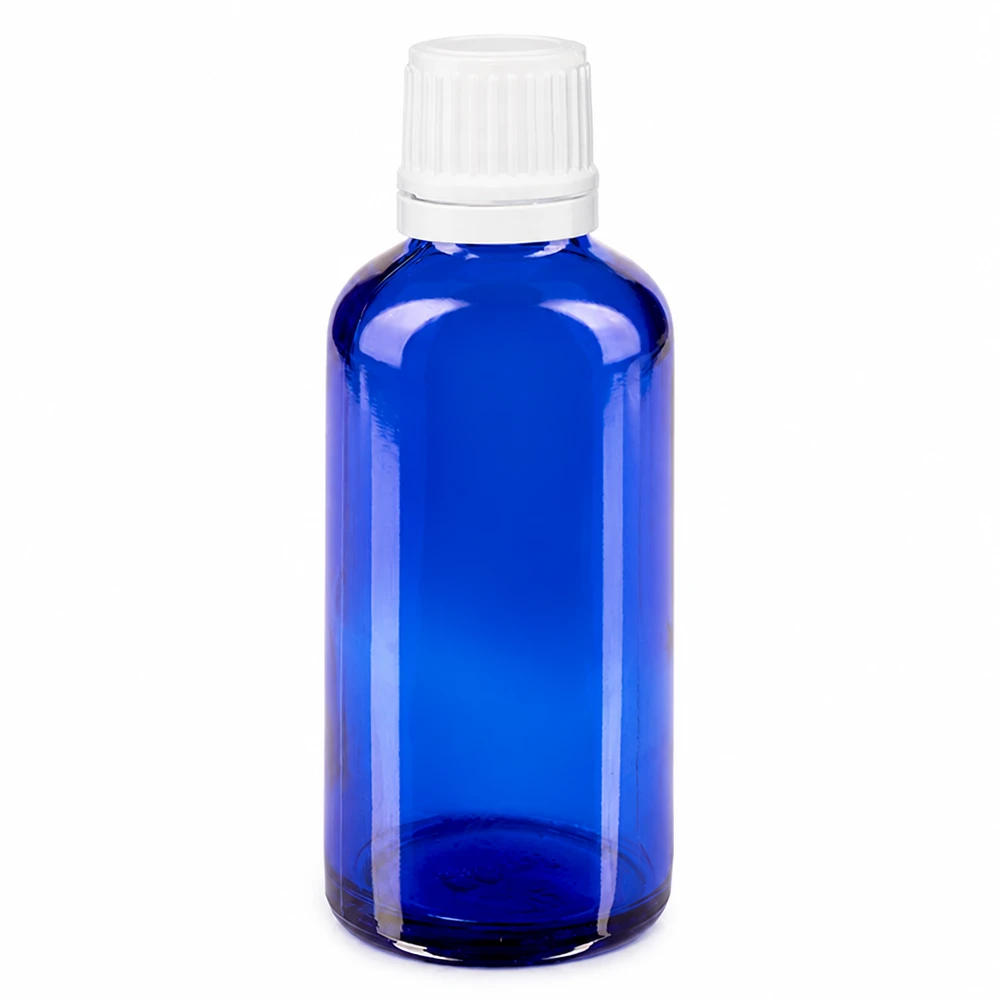 Lékárenská láhev modrá 50ml šroubovací uzávěr bílý s ochranným uzávěrem. Pharmazeutische 50ml Tropfflasche blau mit weißem OV Verschluss aus hochwertigem Glas