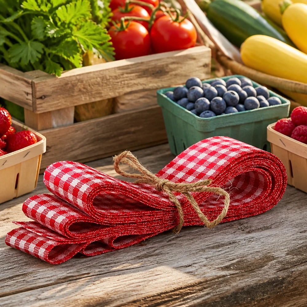 Látková stuha červená/bílá na zdobení 300 cm Rot-weißes Karostoffband 300cm gebündelt auf Holztisch mit frischen Beeren Tomaten und Gemüse im Landhausstil