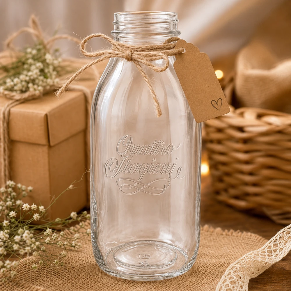 1000ml skleněná láhev "Quattro Stagioni" QS56mm Quattro Stagioni 1000ml Weithalsflasche aus Glas mit Korkenverschluss und rustikaler Dekoration auf Holztisch