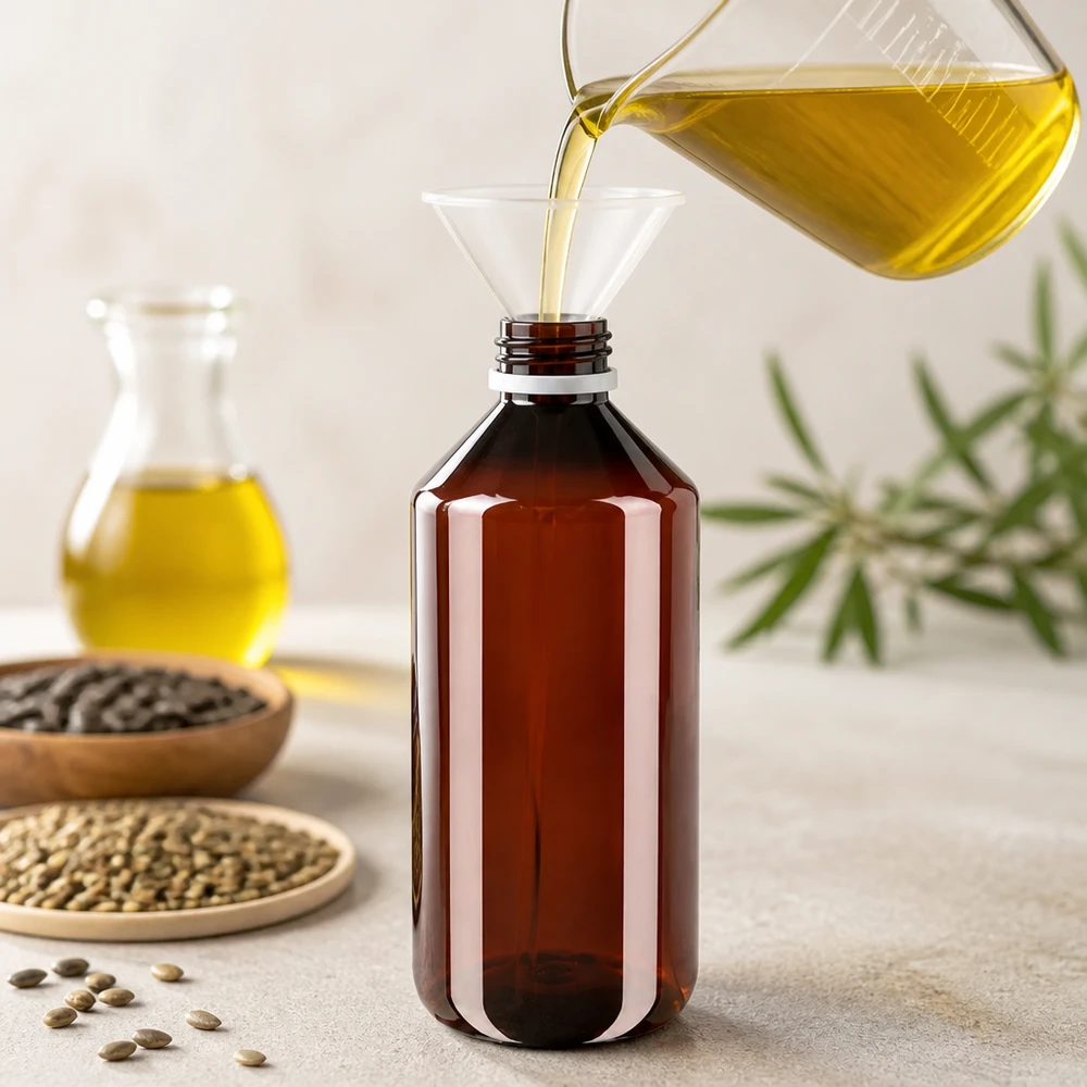 Jantarově zbarvená PET láhev o objemu 1000 ml při plnění žlutým konopným olejem pomocí plnicího trychtýře