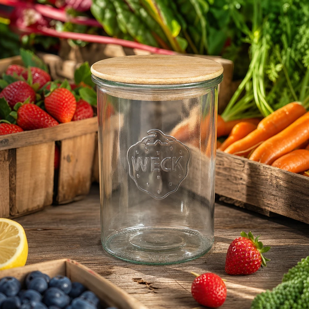 1000ml tumblery WECK RR100 s dřevěným víčkem WECK Sturzglas 1000ml RR100 mit Eichenholzdeckel zwischen frischem Obst und Gemüse auf Holztisch Küchenambiente