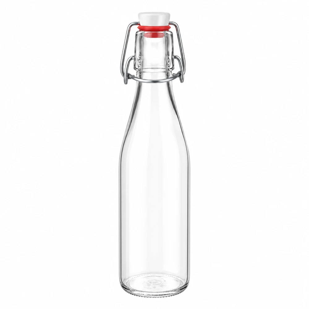 250ml skleněná láhev + výkyvný vršek PVC UNiTWIST 250ml Glasflasche mit Bügelverschluss und weißem Korken, transparentes Glas, PVC UNiTWIST System für Getränke