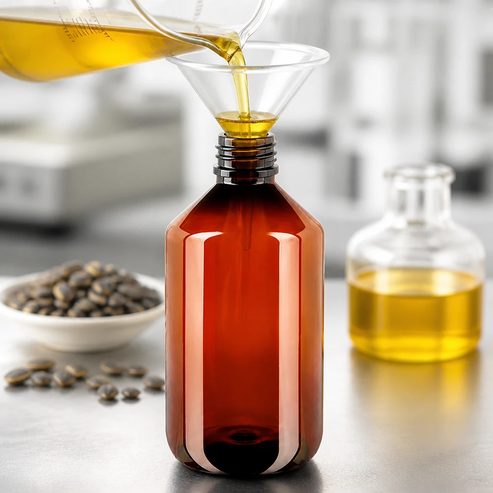 PET láhev 500ml s bílým rýhovaným uzávěrem s možností manipulace. Jantarově zbarvená PET láhev o objemu 500 ml s rýhovaným bílým bezpečnostním uzávěrem, určená k plnění olejem