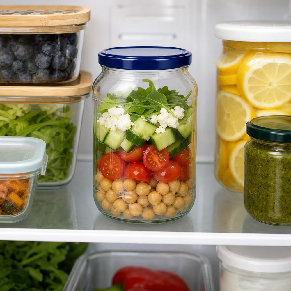 1062ml kulatá sklenice + víčko BasicSeal modré UNiTWIST 1062ml Rundglas UNiTWIST blauer Deckel Schichtsalat Kichererbsen Tomaten Gurken Feta Kühlschrank Meal Prep Glas