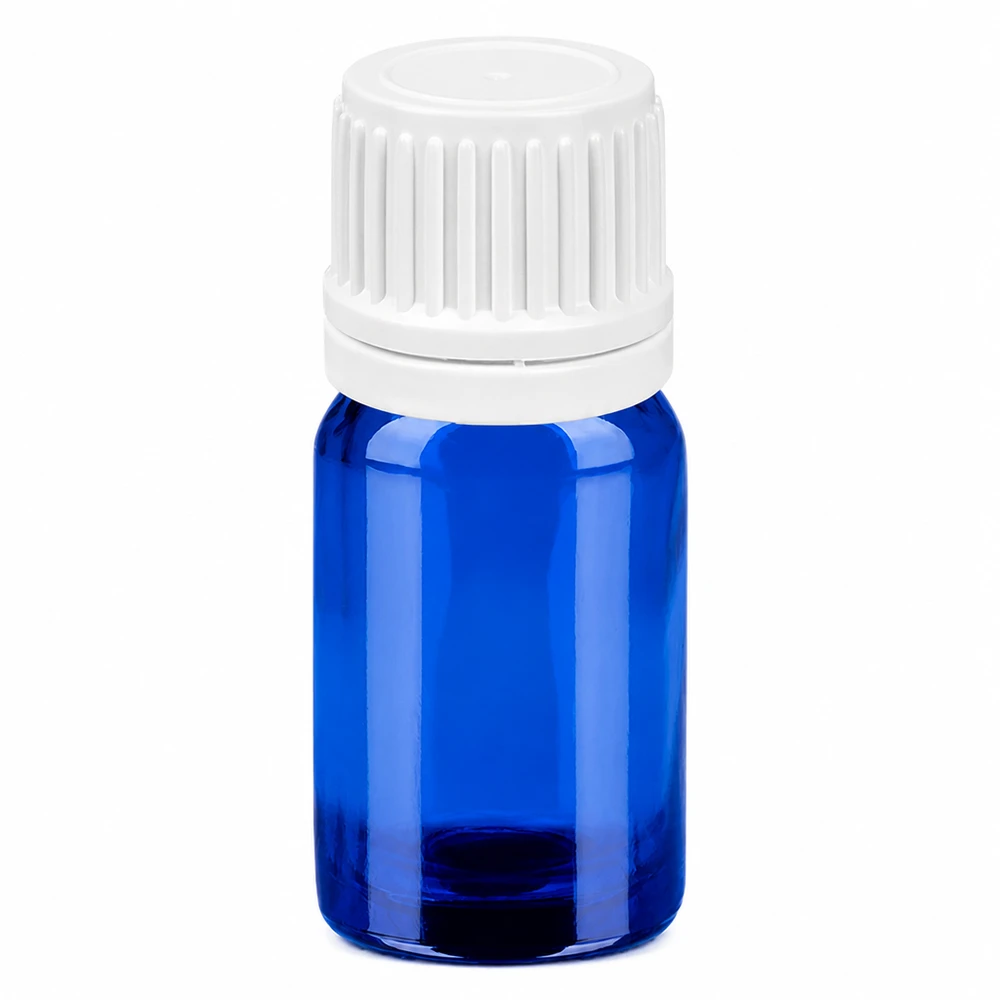 5ml láhev 11mm šroubovací uzávěr bílý uzávěr s ochranou proti manipulaci BlueLine UT18/5 Hochwertige 5ml Glasflasche blau mit weißem Verschluss für professionelle Anwendung