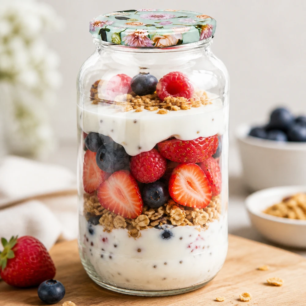 1062ml kulatá sklenice + víčko BasicSeal flower mint UNiTWIST Rundglas 1062ml mit BasicSeal Deckel Blume mint als Overnight Oats Glas mit Joghurt Beeren und Granola gefüllt