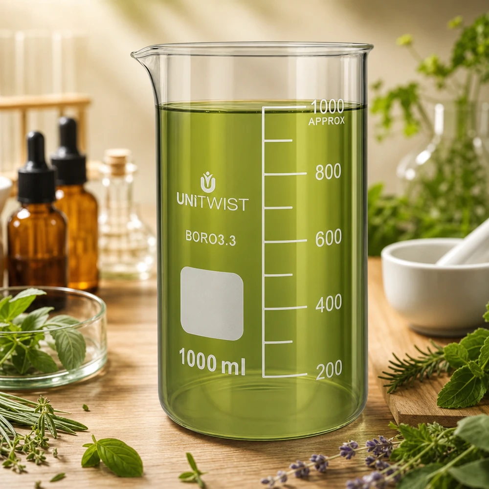 Kádinka 1000 ml borosilikátová, vysoká forma UNiTWIST UNITWIST Borosilikat Becherglas 1000ml hohe Form mit Kräuteranwendung und Tropfflaschen im Hintergrund