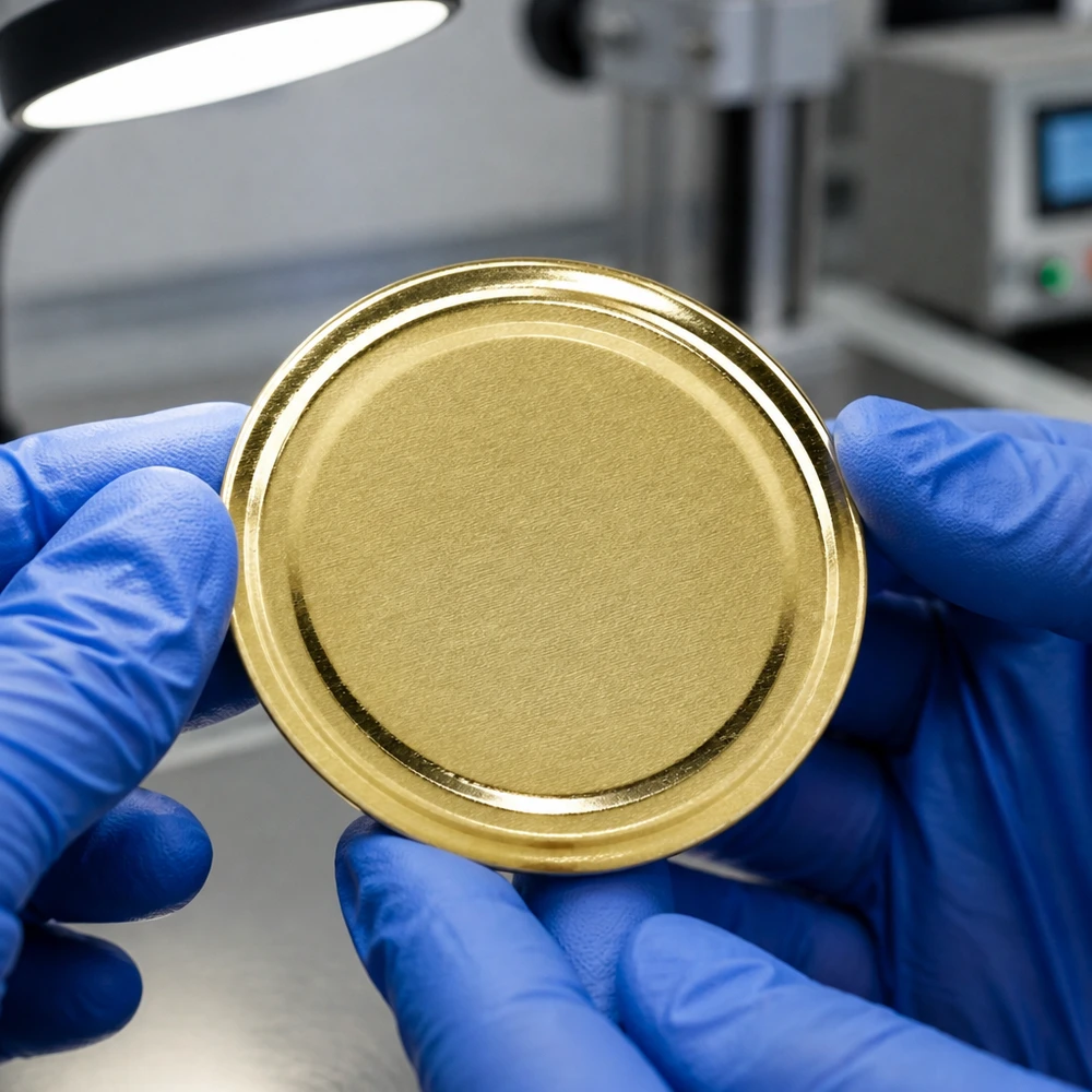 82mm víko BasicSeal zlaté (TO82) UNiTWIST 82 mm TO82 UniTwist BasicSeal víčko, zlaté, v rukou s modrými rukavicemi v laboratoři kontroly kvality