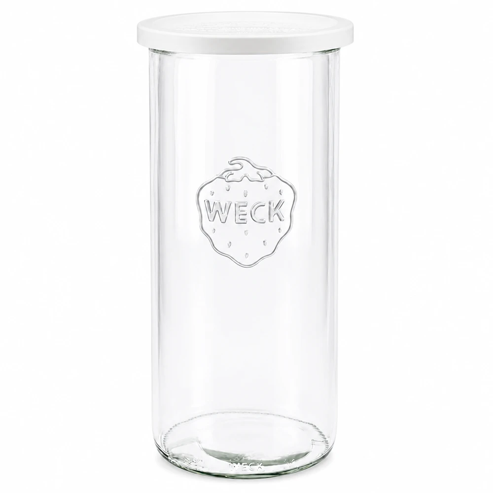 WECK Einmachglas 1500ml RR100 transparent mit weißem Deckel frontal fotografiert zeigt eingraviertes Markenlogo