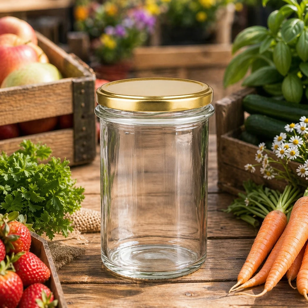 230ml tumblery s víčkem BasicSeal zlaté UNiTWIST. 230ml Sturzglas mit BasicSeal Deckel gold UNiTWIST im Garten zwischen frischem Gemüse Kräutern und Obst