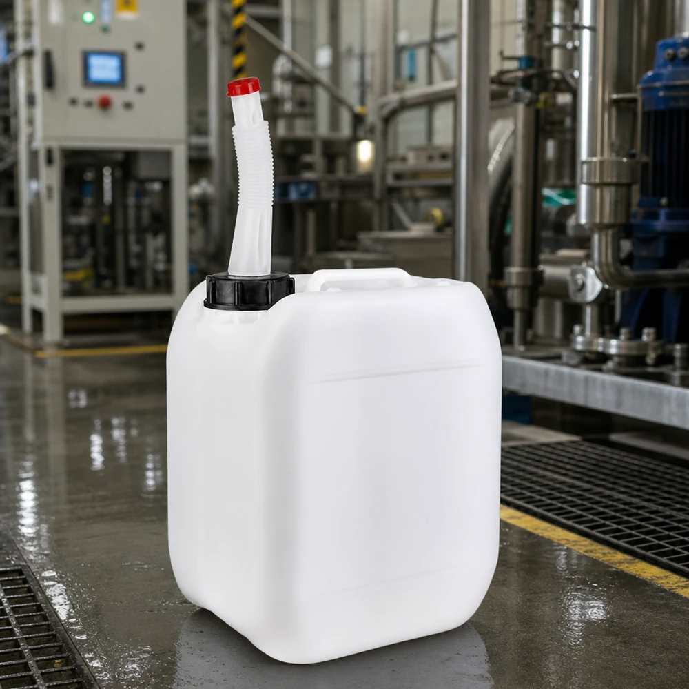 Kanystr o objemu 5 litrů s výpustnou trubkou Flex Robuster Flüssigkeitskanister 5 Liter mit Flex-Ausgießer vor industriellen Edelstahlanlagen