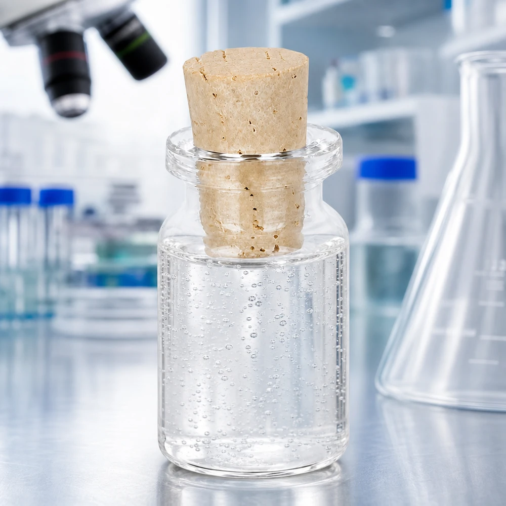 Skleněná lahvička z čirého skla 5 ml se zátkou 11/14 mm Kompakte Glasflasche 5ml mit breiter Korköffnung 11/14mm für Laborproben und Reagenzien