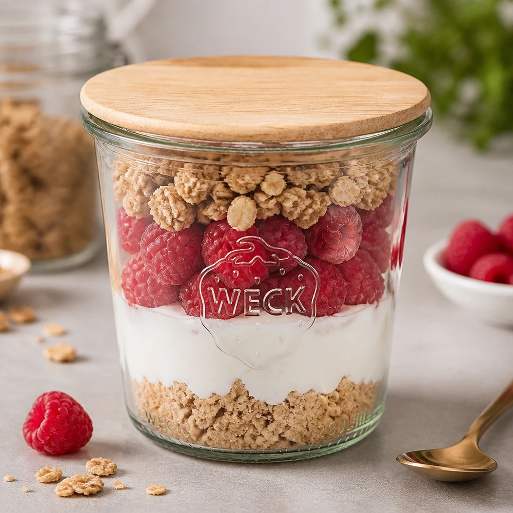 290ml vysoká skleněná nádoba WECK RR80 s dřevěným víčkem buchta WECK Sturzglas 290ml RR80 mit Holzdeckel als Dessertglas mit Joghurt Himbeeren und Müsli in Küche