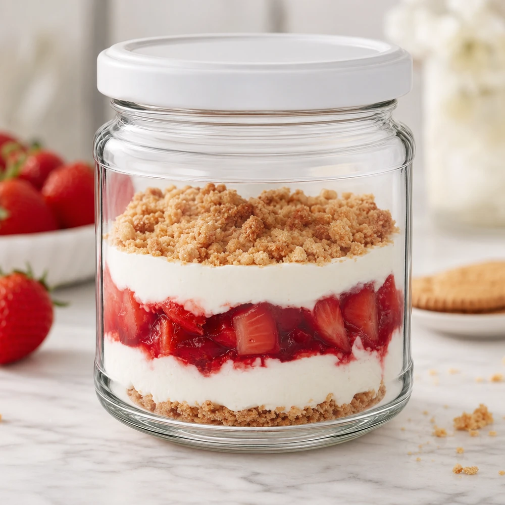212ml kulatá sklenice s víčkem BasicSeal bílá UNiTWIST 212ml Rundglas mit BasicSeal Deckel als Dessertglas für Erdbeertrifle mit Sahne und Streuseln - vielseitig einsetzbar
