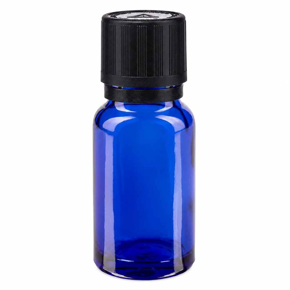 Lékárenská lahvička modrá 10ml kapací uzávěr nalévací kroužek 1mm černý dětský bezpečnostní zámek slepý výstražný symbol tamper evident uzá 10ml Apotheker Tropfflasche blau Borosilikatglas mit schwarzem KiSi Verschluss und Blindstopfen