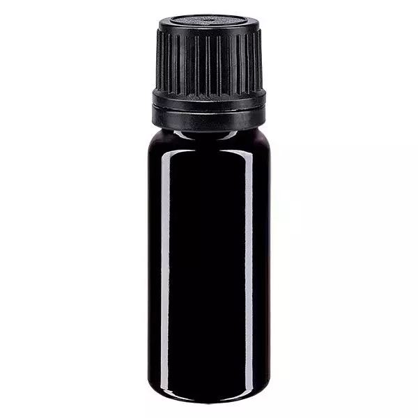 Lékárenská láhev fialová 10ml šroubovací uzávěr černý nalévací kroužek tamper evident uzávěr.
