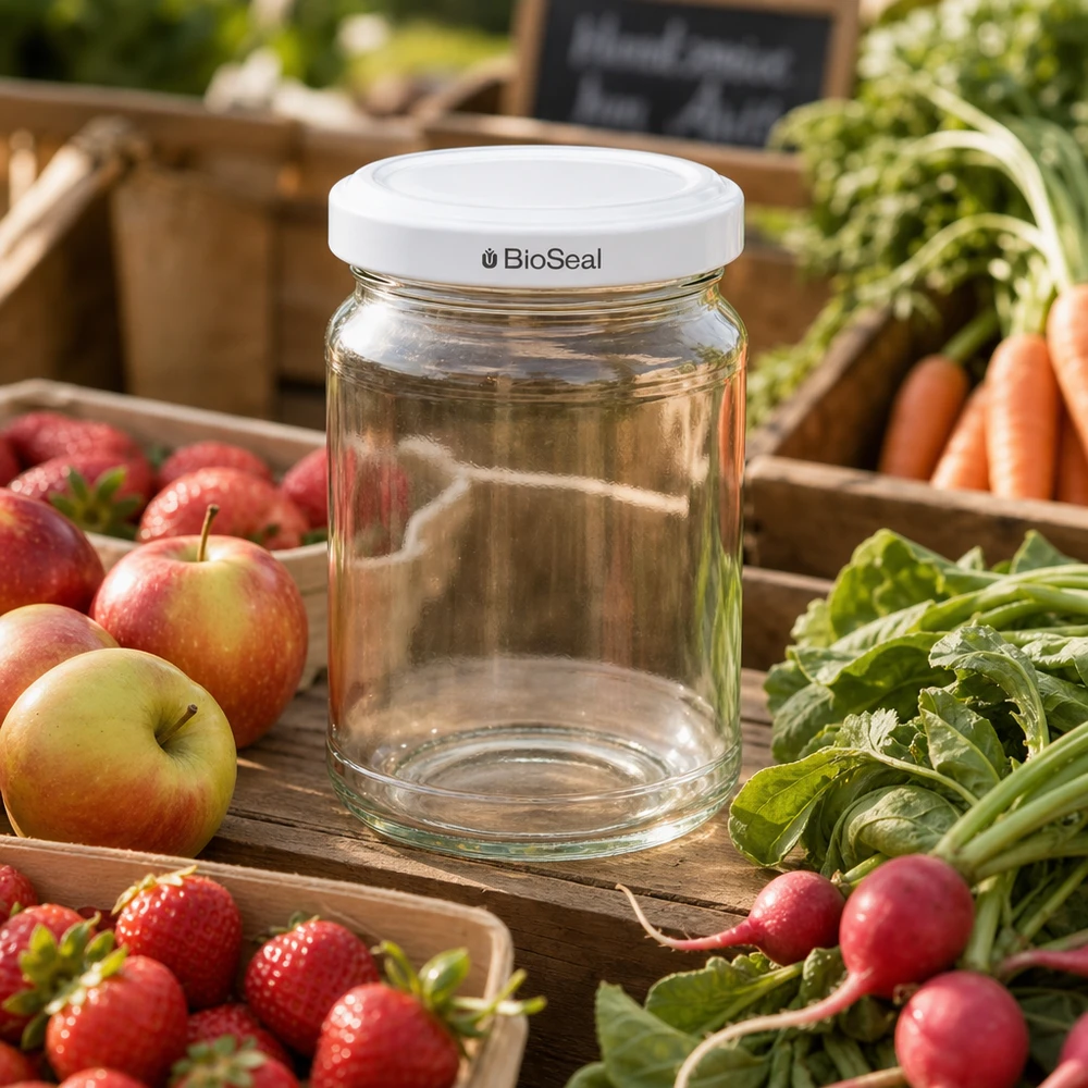 Kulatá sklenice o objemu 205 ml s víčkem BioSeal bílá UNiTWIST UNiTWIST Runda205 Einmachglas mit weißem TO58 BioSeal Deckel zwischen frischem Obst und Gemüse am Marktstand