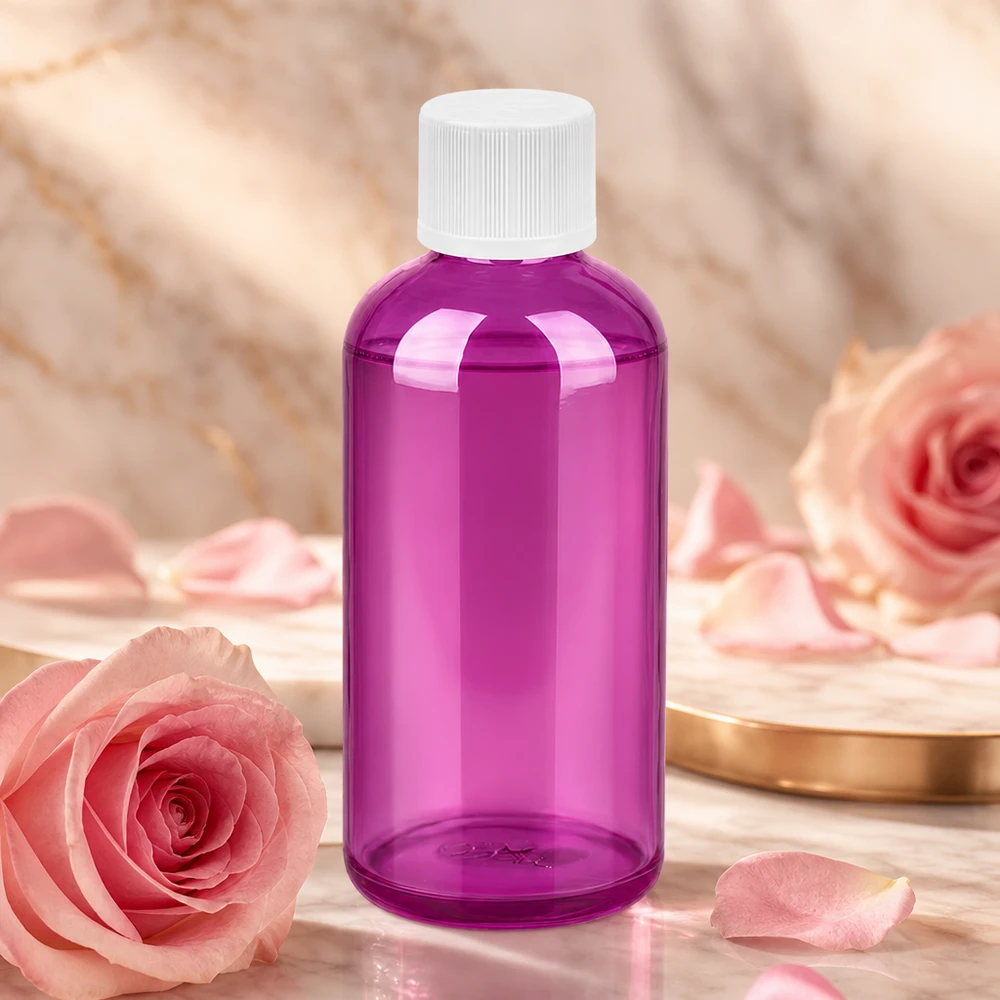 100ml láhev PurpleLine se šroubovacím uzávěrem o průměru 11 mm bílá standardní odolná proti otevření dětmi. UT18/100 Ergonomische 100ml Flasche in lila transparent mit kindersicherem Verschluss für den Hausgebrauch