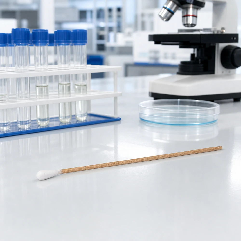 Vatové tyčinky UNSTERIL Wattestäbchen unsteril für medizinische Probenentnahme auf Labortisch mit Glasgefäßen