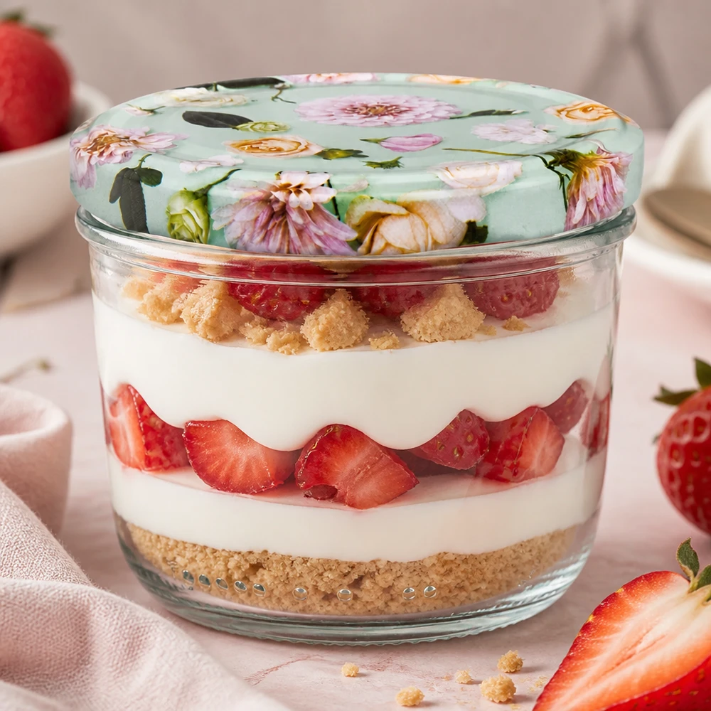 230ml kelímky + víčko BasicSeal flower mint UNiTWIST Sturzglas 230ml mit BasicSeal Deckel Blume mint als stylische Dessertschale für Tiramisu mit Erdbeeren verwendet