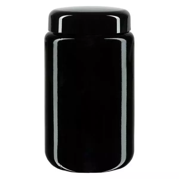 Dóza se širokým hrdlem+ fialové sklo 400ml, s černým víčkem Dóza se širokým hrdlem+ fialové sklo 400ml, s černým víčkem